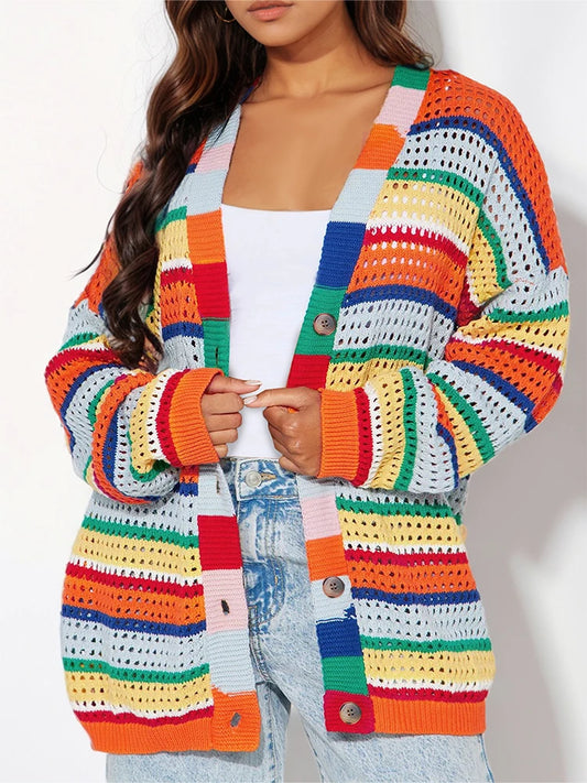 Plus Size Women's Rainbow Stripe Knit Crochet Cardigan Sweater