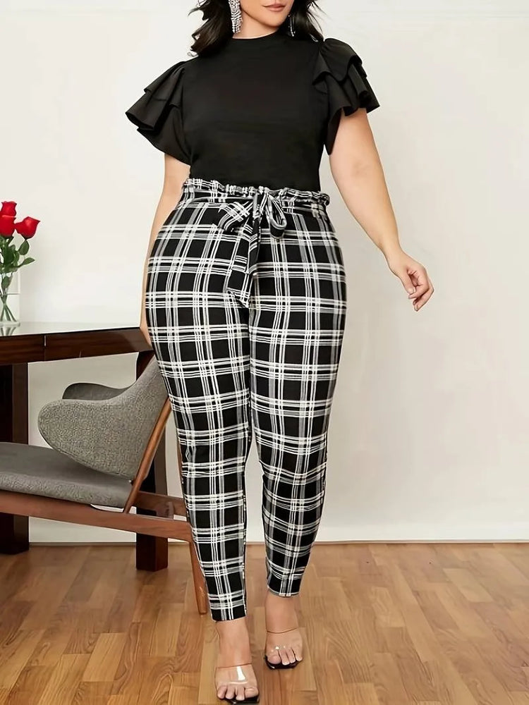 Plus Size Vintage Belted Plaid Pants