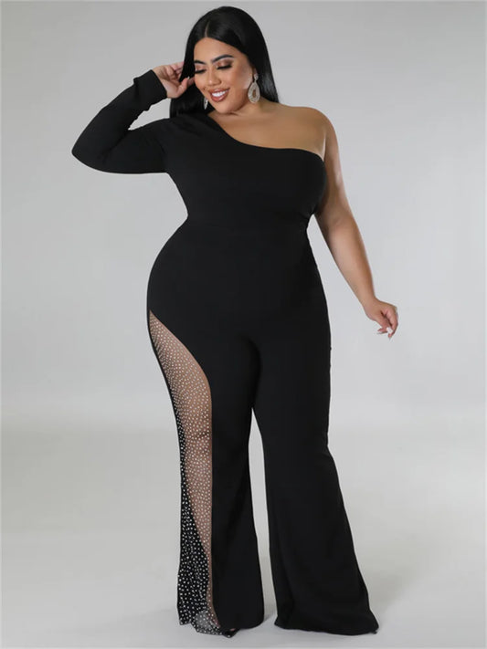 Plus Size Solid Single Sleeve Sexy Mesh Side Patchwork Jumpsuit