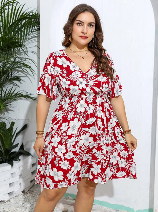 Plus Size Floral Hawaiian Print V-Neck Short Sleeve Dress