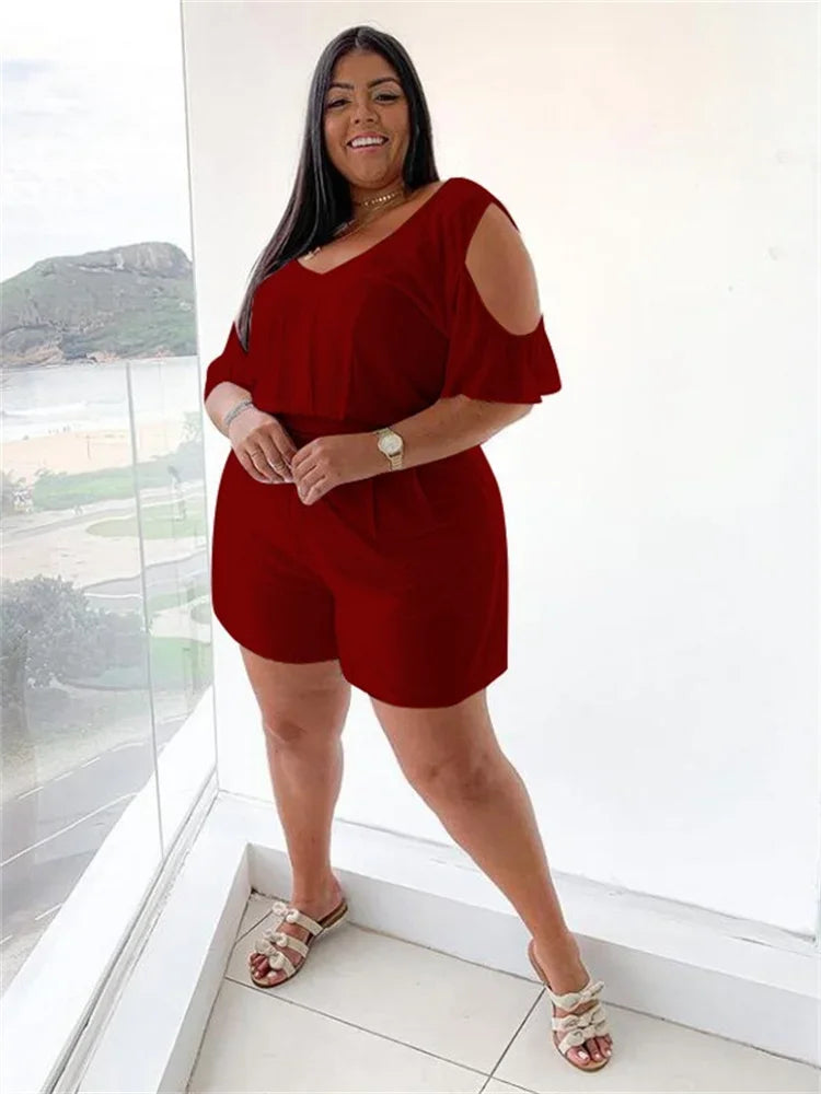 Plus Size V Neck Solid Color Casual Romper