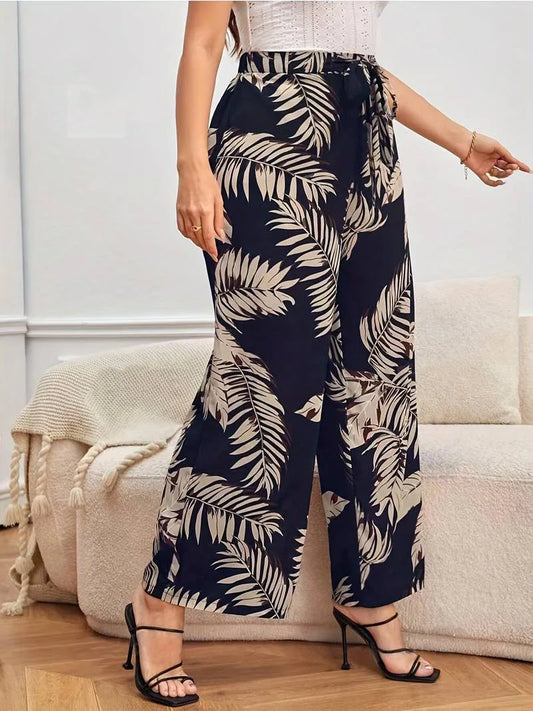 Plus Size Tropical Print Belted Wide Leg Pants