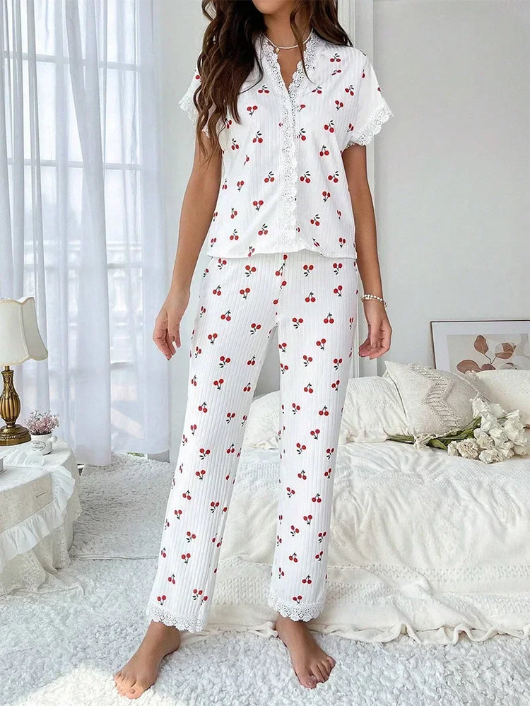 Lace Trim Cherry Print Pajama Set