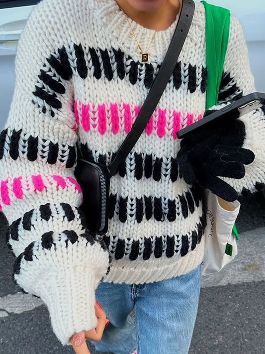 Multi Color Striped Thick Casual Round-neck Sweater