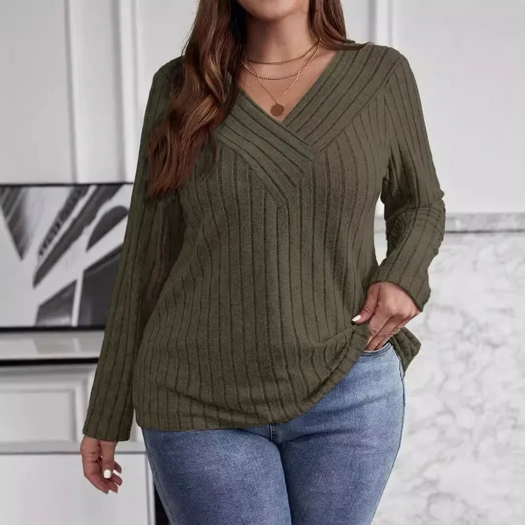 Plus Size Women's Fashionable Solid Color V Neck Sweater Pullover Top