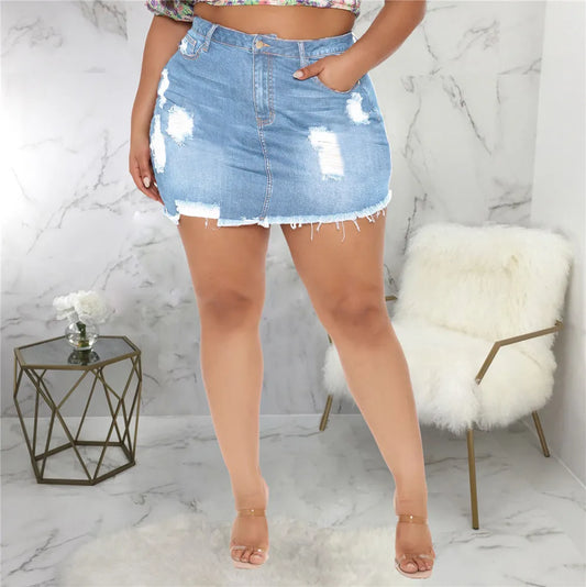 Plus Size Medium Length Above The Knee Ripped Denim SKirt