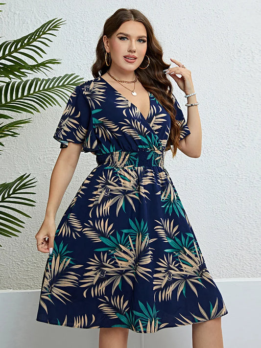 Plus Size Tropical Print V Neck Butterfly Sleeve Dress