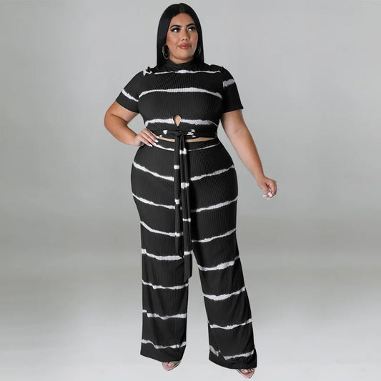 Plus Size Two Piece Black & White Striped Top & Pant