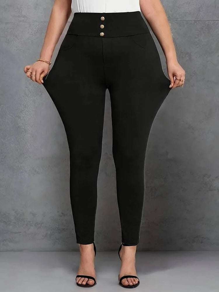 Plus Size Solid Color Button Front Skinny Pants