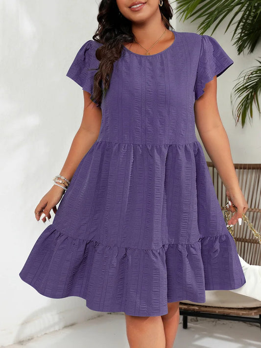 Plus Size Solid Round Neck Butterfly Sleeve A-Line Dress