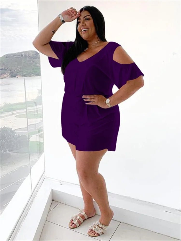 Plus Size V Neck Solid Color Casual Romper