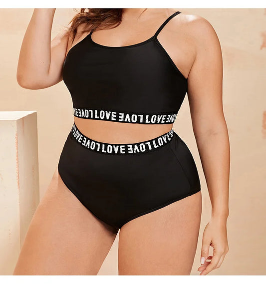 Plus Size Black LOVE Strapped Tankini Set