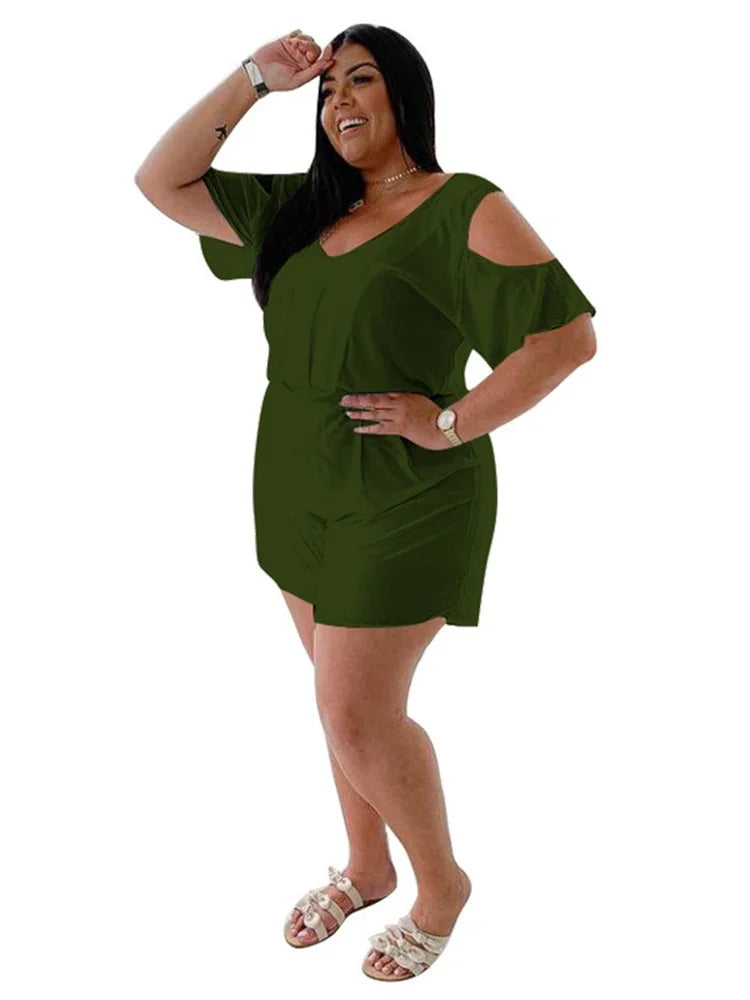 Plus Size V Neck Solid Color Casual Romper