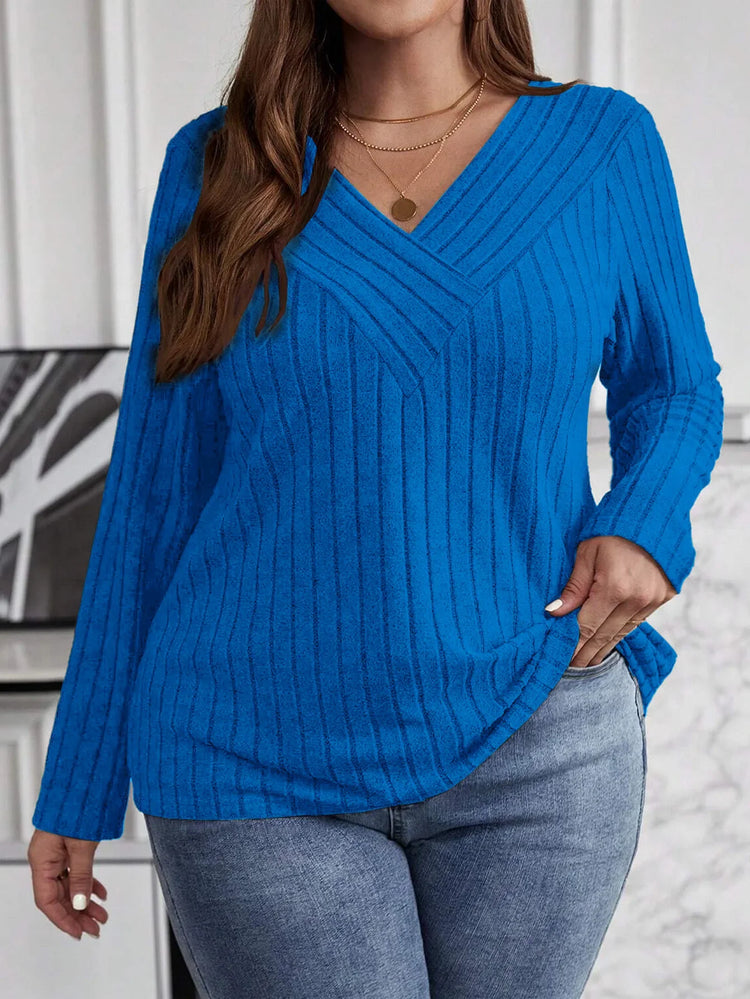 Plus Size Women's Fashionable Solid Color V Neck Sweater Pullover Top