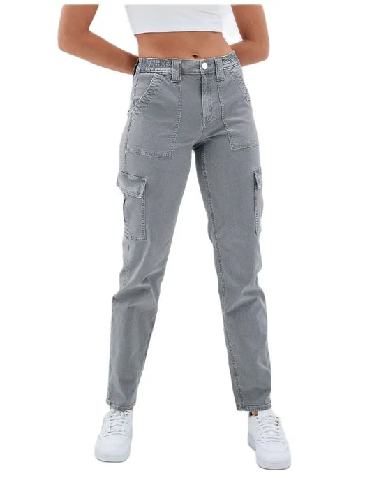 Mid Waist Gray Straight Cargo Pants