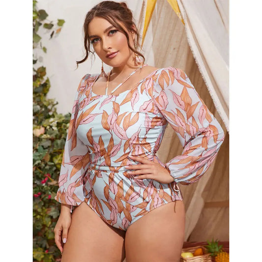 Plus Size Printed Long Sleeve Swimsuit