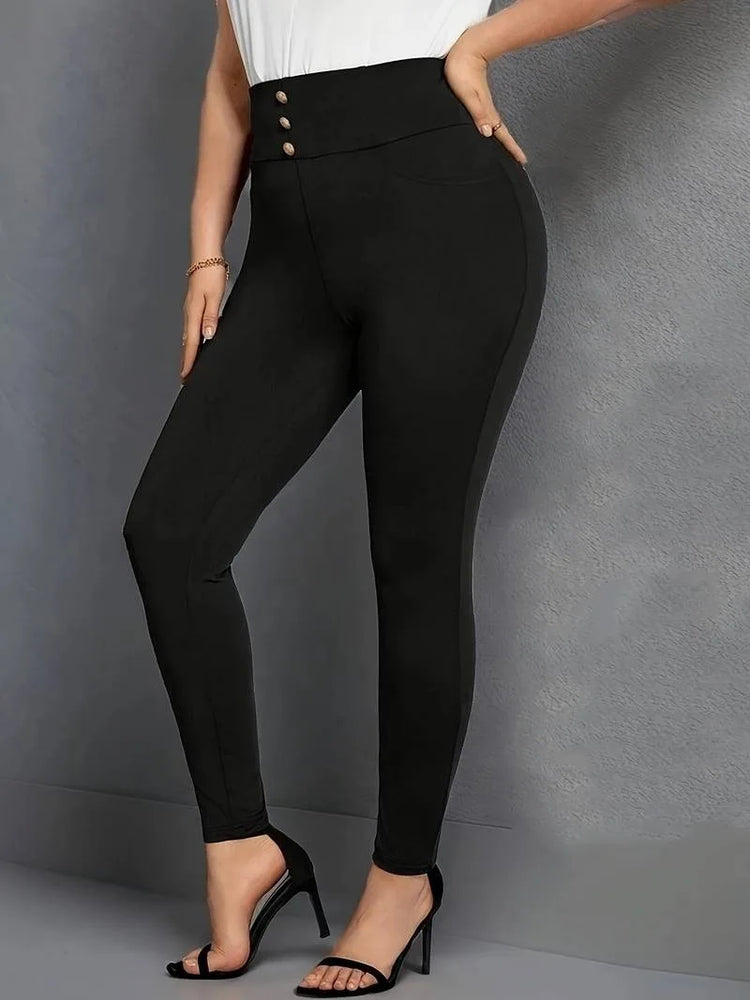 Plus Size Solid Color Button Front Skinny Pants