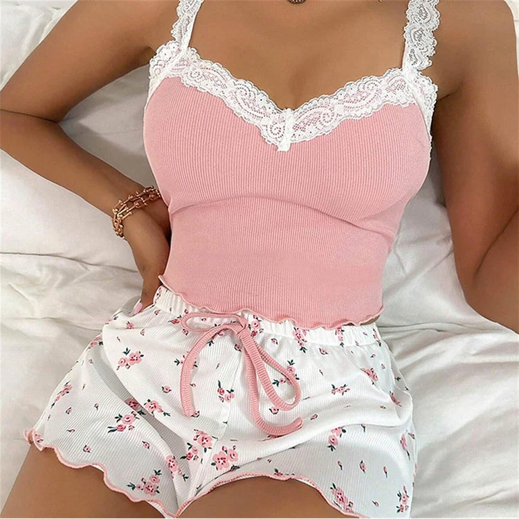 Ribbed Knitted Lace Trim Cami & Floral Print Shorts Pajama Set