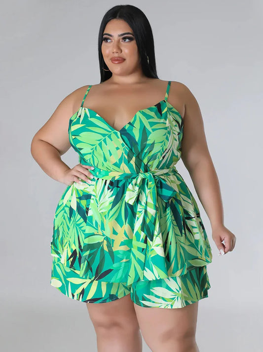 Plus Size V Neck Printed Slip Corset Sexy Casual Romper