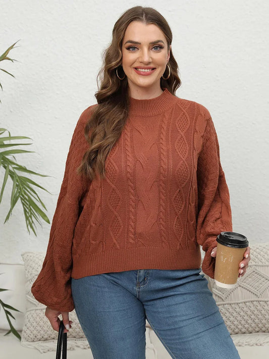 Plus Size Causal Mock Neck Lantern Long Sleeve Pullover