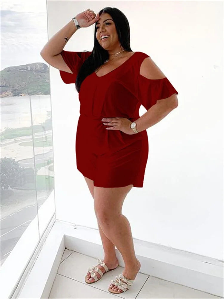 Plus Size V Neck Solid Color Casual Romper