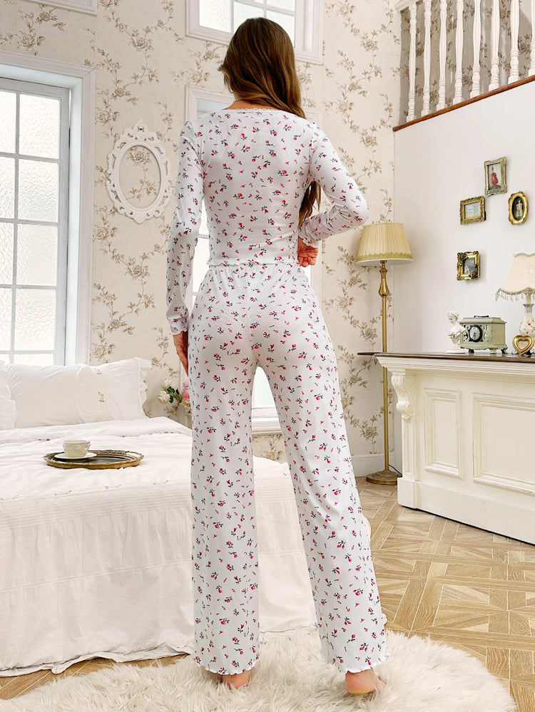 Floral Print Lettuce Trim Pajama Set