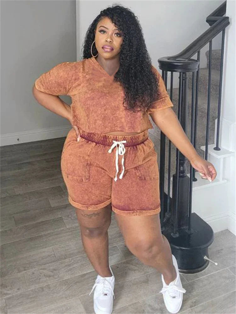 Plus Size Two Piece Tee & Bike Short Outfit Women