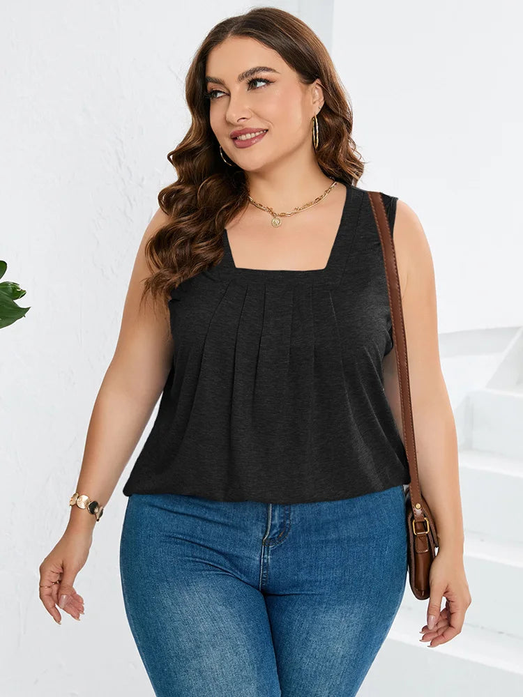 Plus Size Square Neck Pleat Front Solid Tank Top