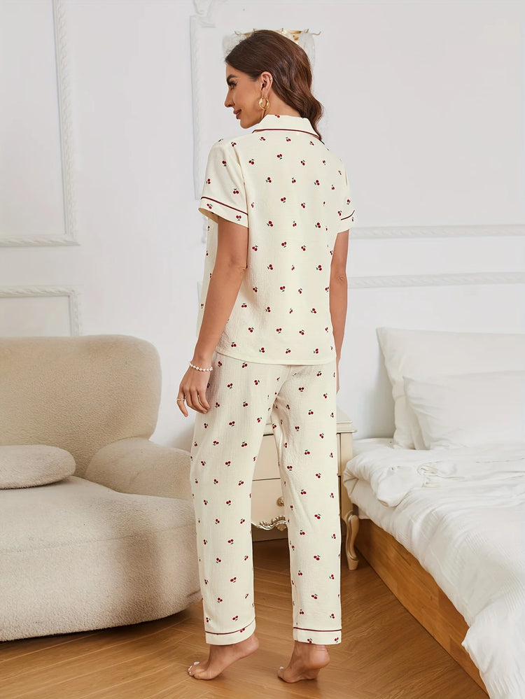 Cherry Print Textured Pajama Set