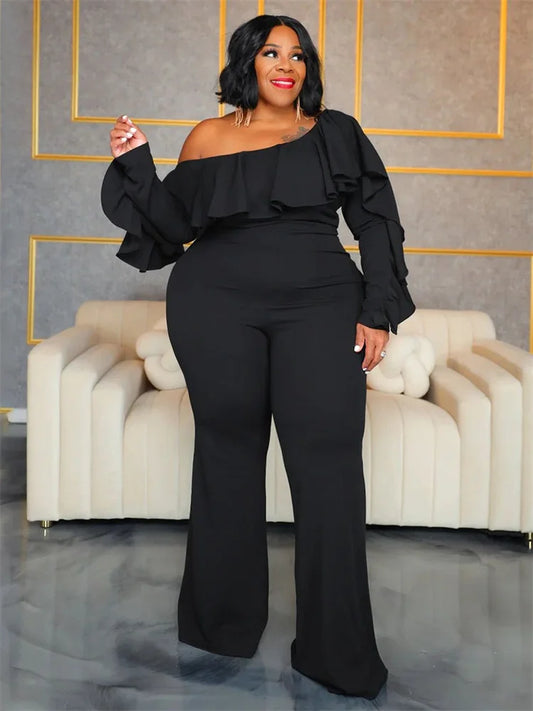 Plus Size Long Sleeve Ruffle Trim Solid One Piece Jumpsuit