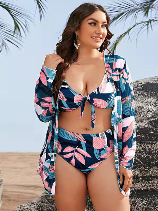 3 Piece Plus Size Floral Printed Bikini Set Push Up