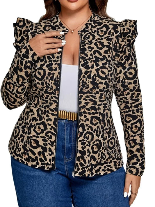 Plus Size Leopard Print Ruffle Pleated Coat