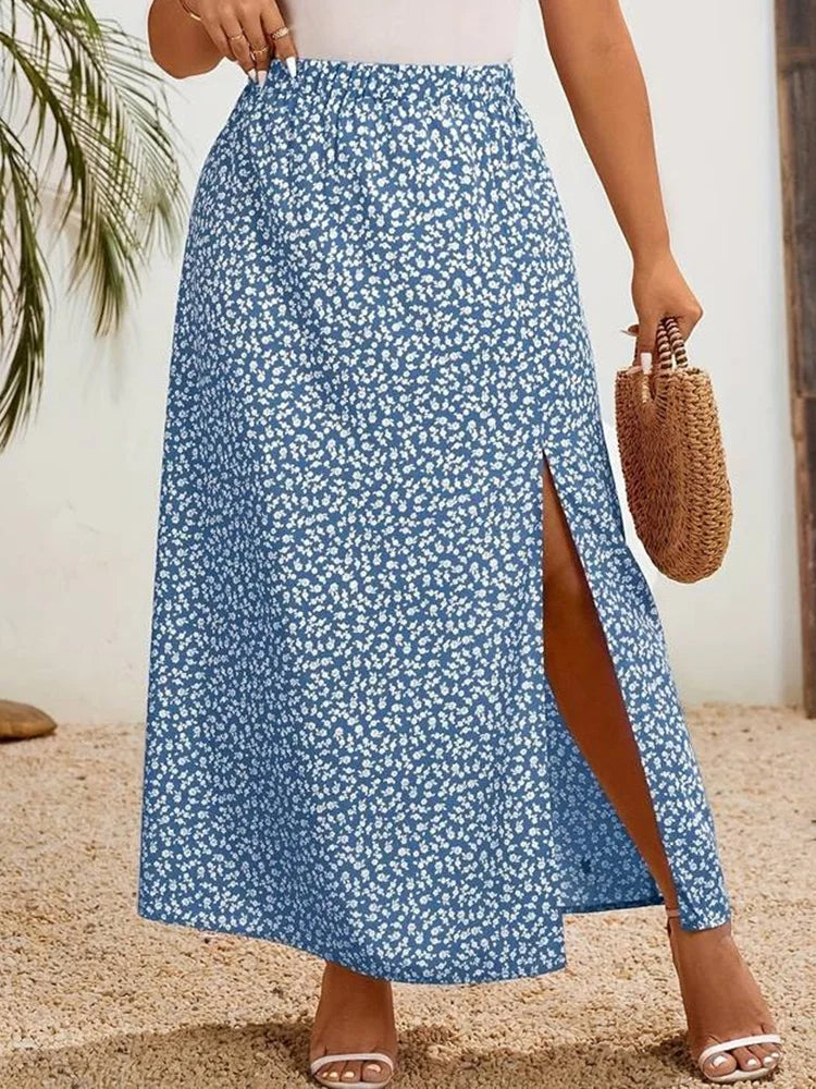 Plus Size Ditsy Floral Split Long Skirt