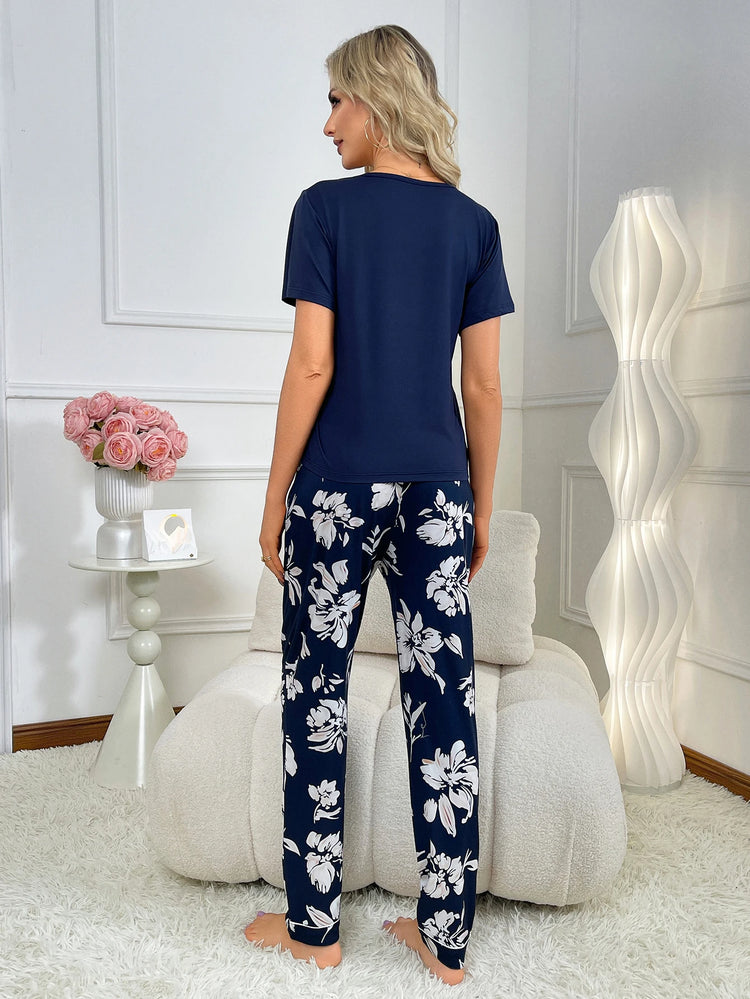 Navy Floral Pajama Top & Pants Set