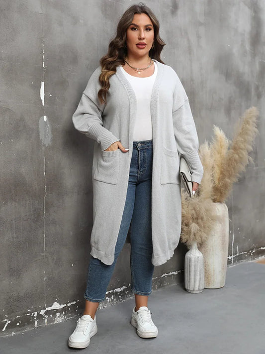 Plus Size Solid Drop Shoulder Knitted Long Cardigan