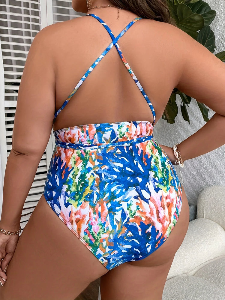 Plus Size Colorful One Piece V-neck Printed Swimsuit