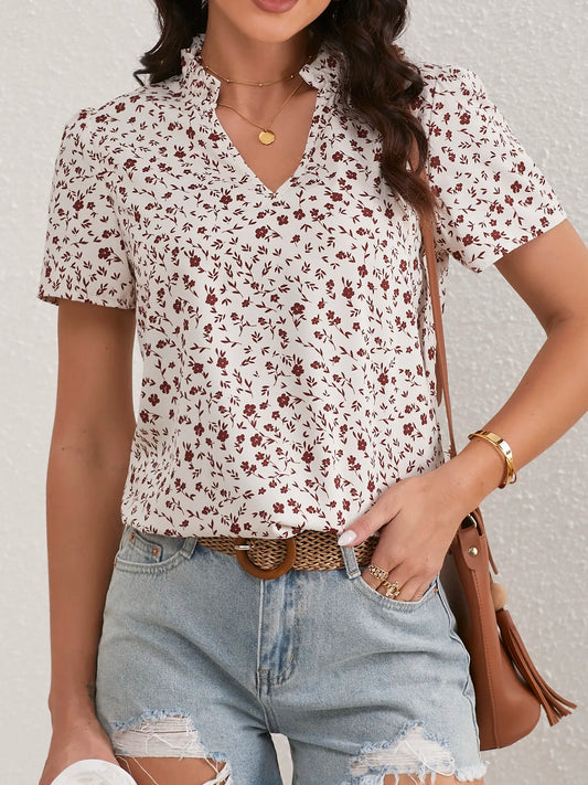 Floral Frill Trim Notch Neck Blouse