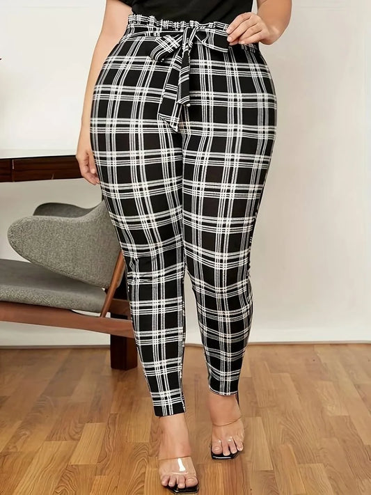 Plus Size Vintage Belted Plaid Pants