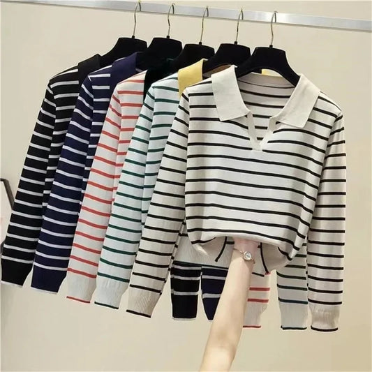 Striped V Neck Polo Long Sleeve