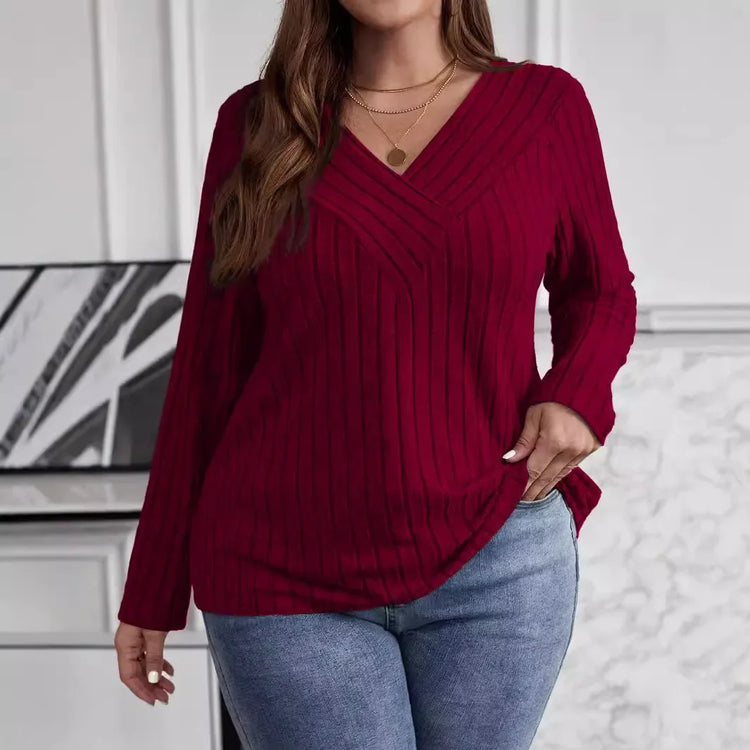 Plus Size Women's Fashionable Solid Color V Neck Sweater Pullover Top