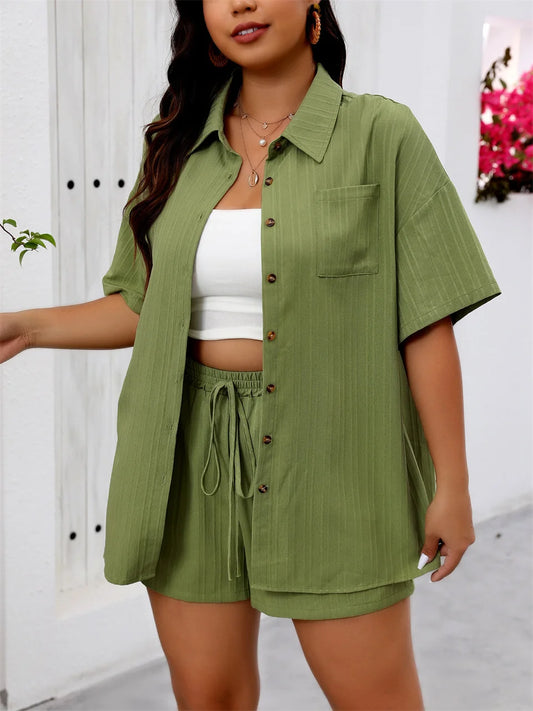 Plus Size Button Down Shirt & Casual Short Set