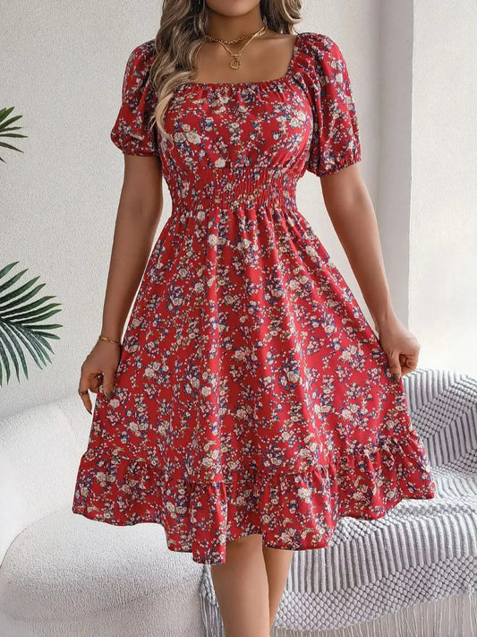 Casual Square Neck Shirred Waist Floral Print Dress