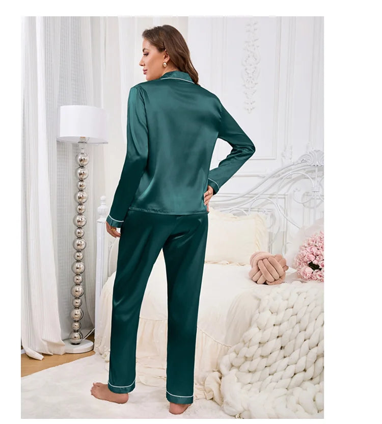 Embroidered Satin Long Sleeve Pajama Set