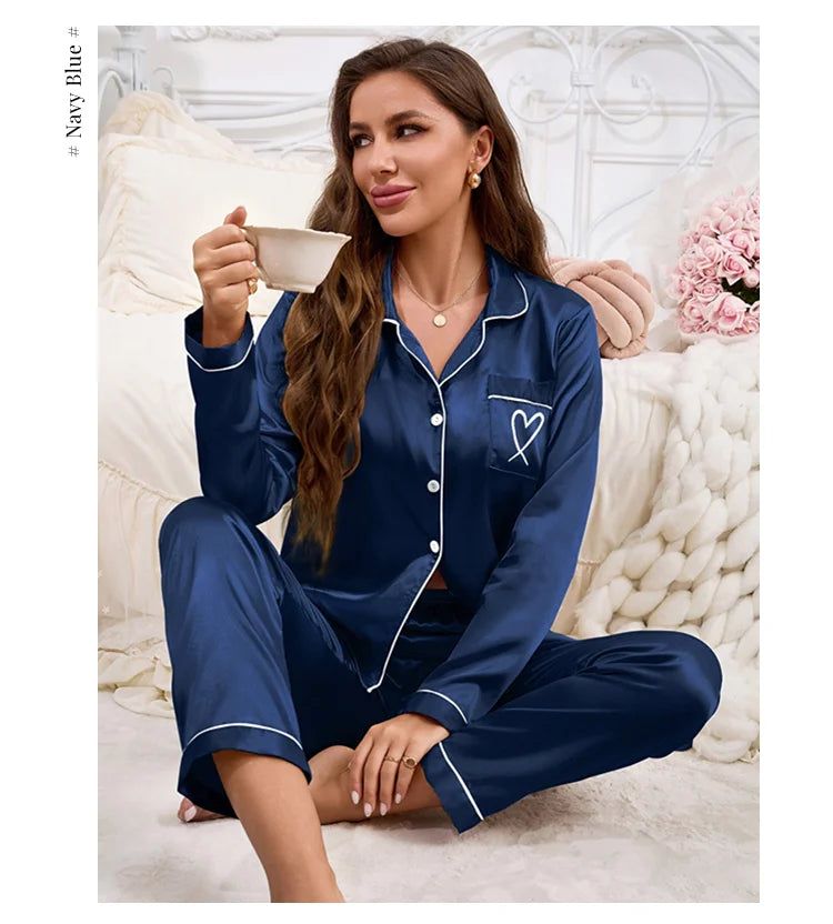 Embroidered Satin Long Sleeve Pajama Set