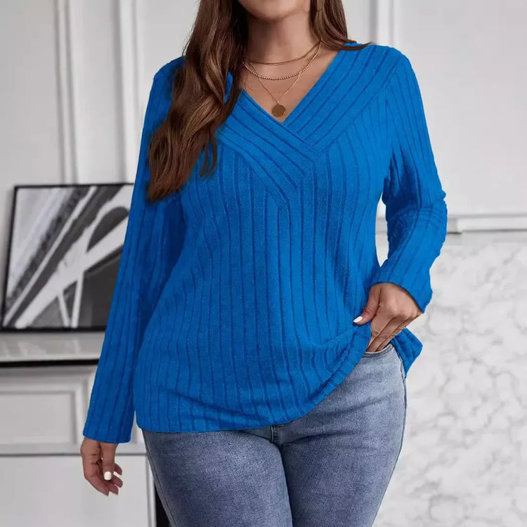 Plus Size Women's Fashionable Solid Color V Neck Sweater Pullover Top