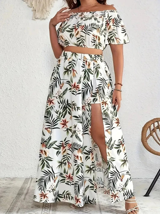 Plus Size Women's Bohemian Tropical Print Off-Shoulder Crop Top and High Split Long Skirt