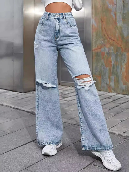 Casual Ripped Wide Leg Denim Pants