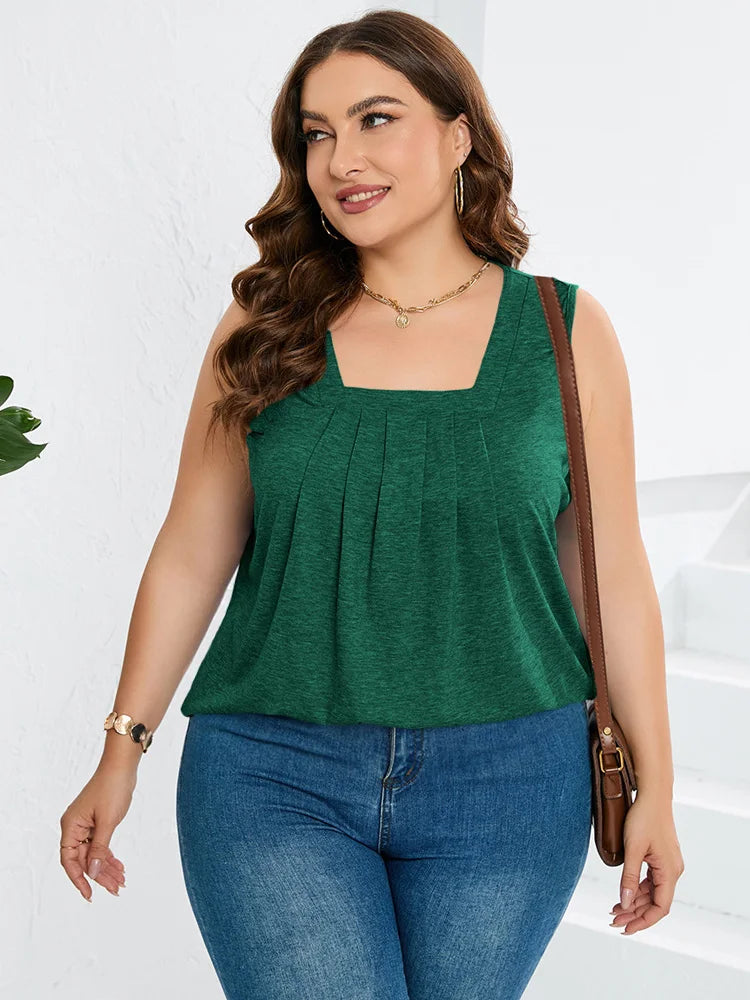 Plus Size Square Neck Pleat Front Solid Tank Top