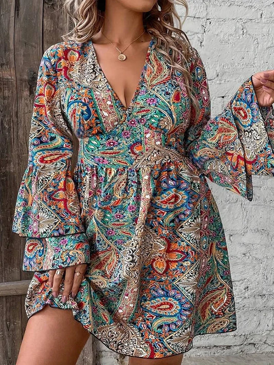 Plus Size Ethnic Style Print Boho Mini Dress