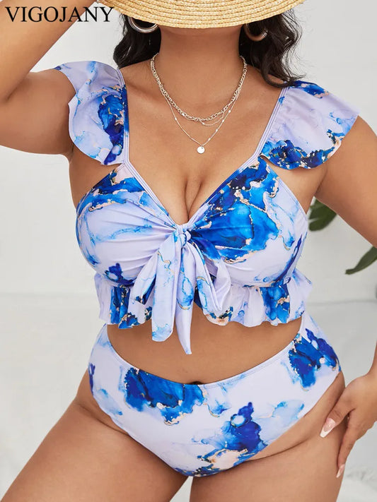 Plus Size Ruffle Sleeve Front Tie Watercolor Bikini